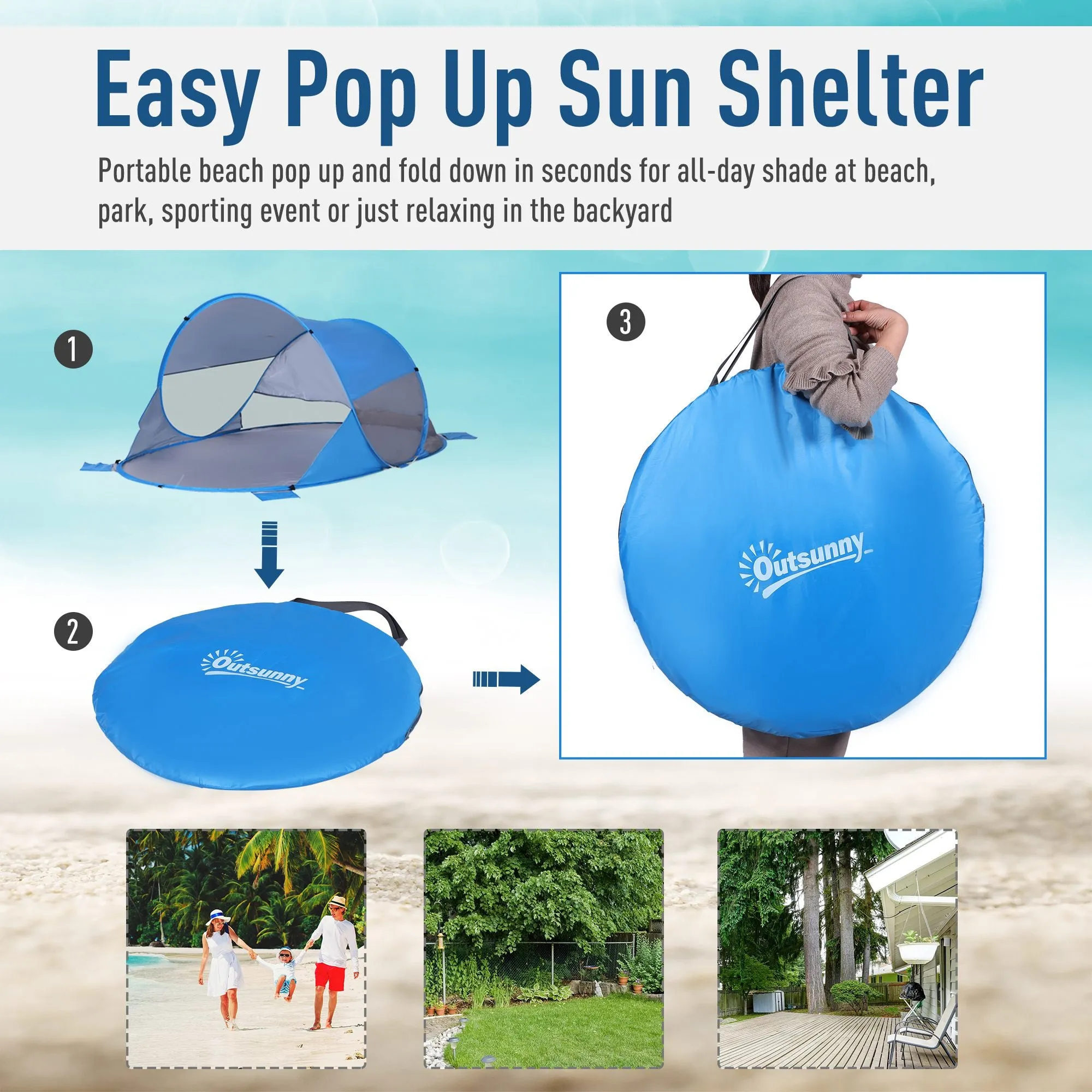 1-2 Person Pop up Tent Beach Tent Hiking UV 30  Protection Patio Sun Shelter Portable Automatic - Blue