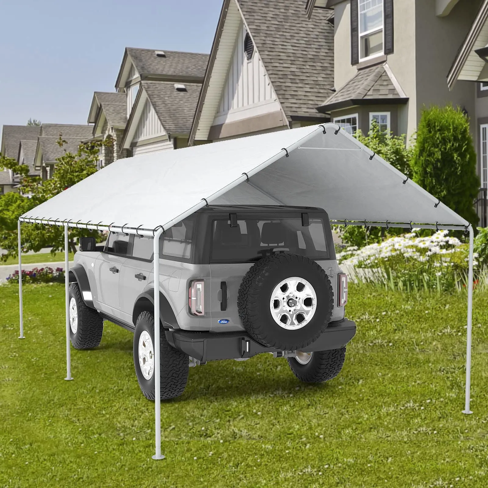 10 x 20 Ft Carport Replacement Canopy Cover Garage Top Tent Shelter Tarp with Free 48 Ball Bungee Cords,White(Only Cover, Frame Not Include)