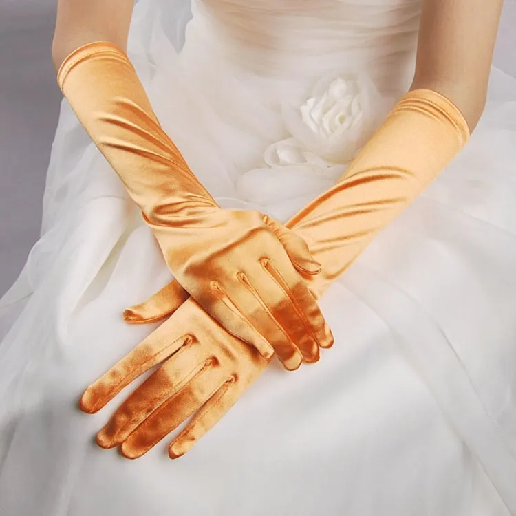 1pair Bride Gloves Satin Long Vintage Travel Sunscreen Dress Wedding Gloves(Orange)