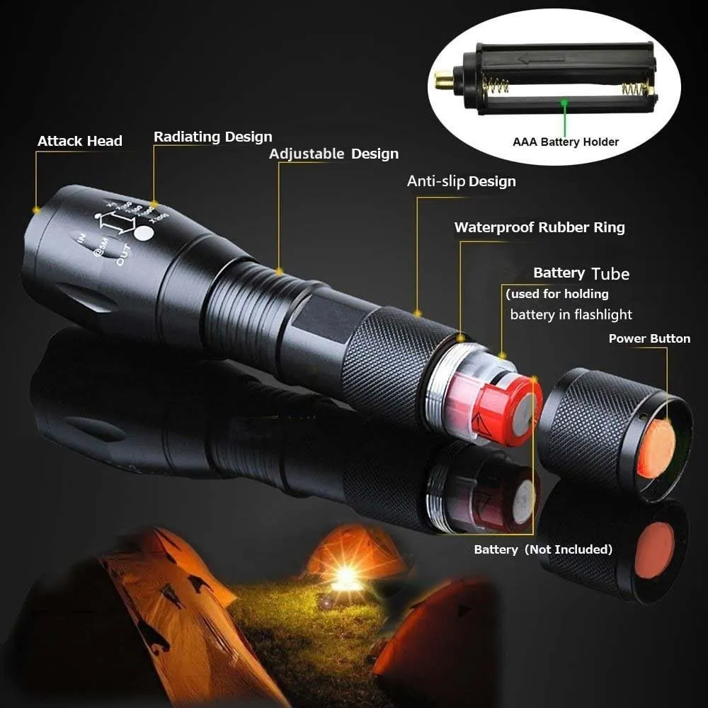 2 Pack Tactical Flashlights Torch, Military Grade 5 Modes 3000 High Lumens Led Waterproof Handheld Flashlight for Camping Biking Hiking Outdoor Home Emergency