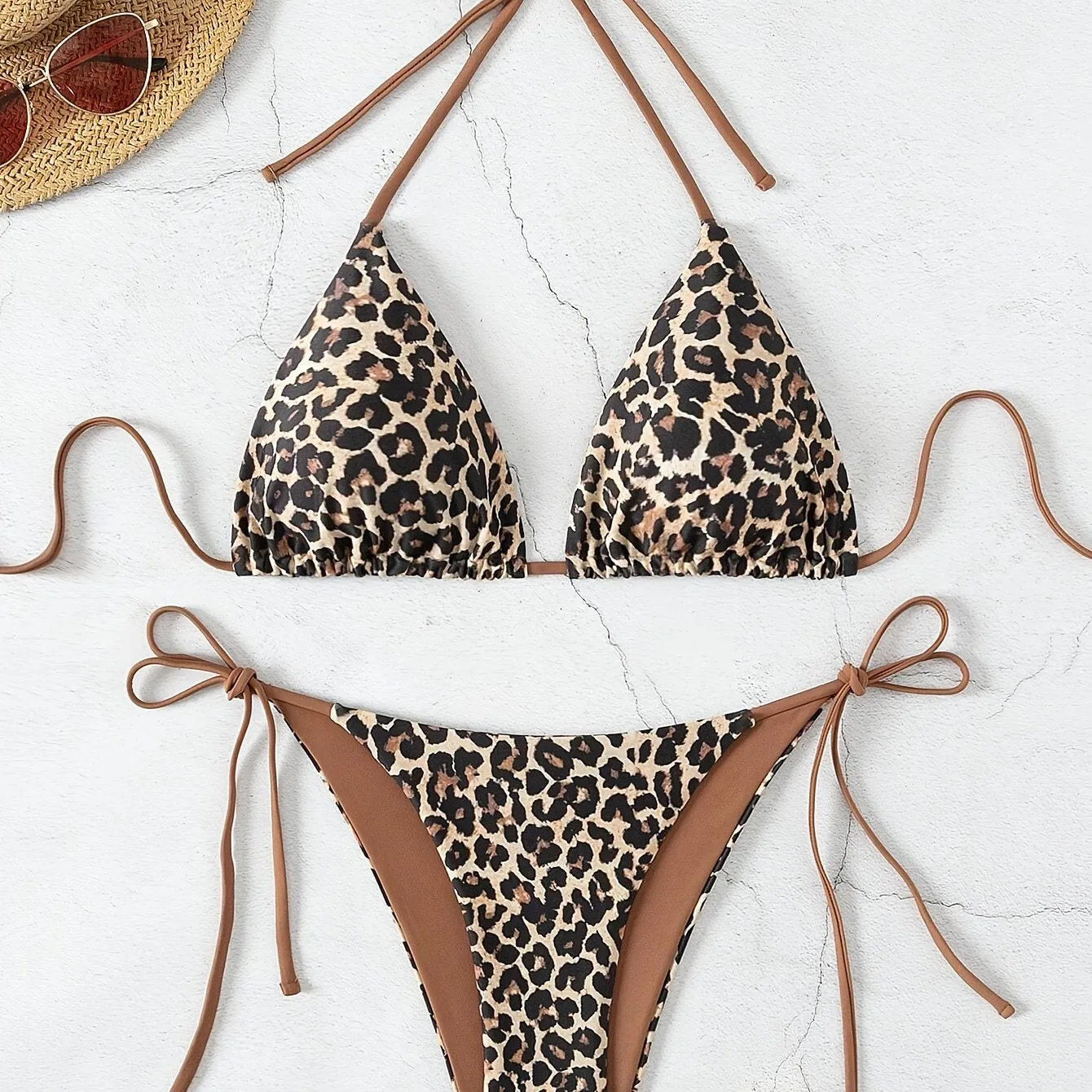 2 Piece Leopard Print Triangle Halter Neck High Cut Tie Side Bikini Swimsuit - Stretchy Polyester Fabric, Lace Up, Random Printing, Customized Style - Womens Swimwear & Clothing for Summer Beach Vacation