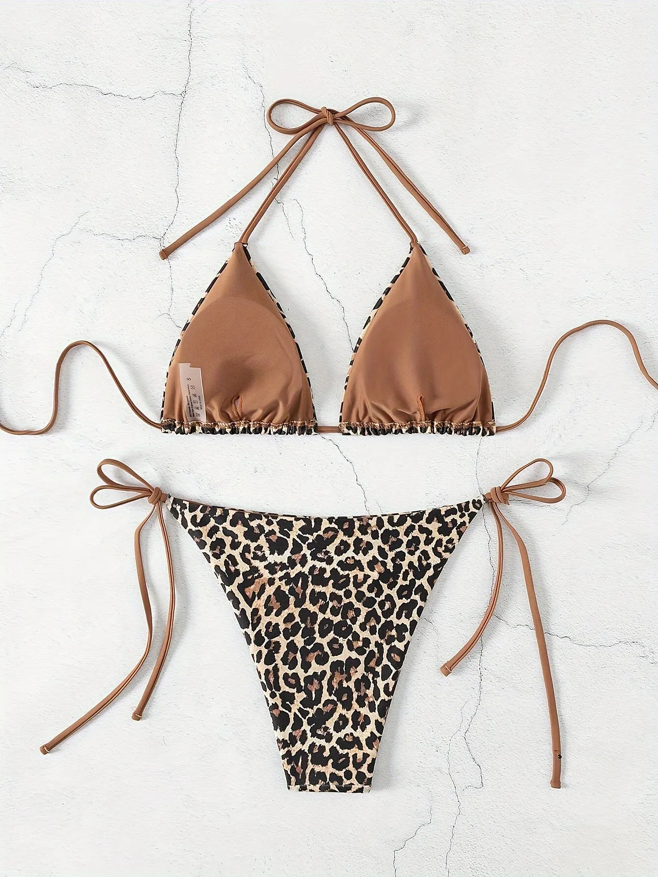 2 Piece Leopard Print Triangle Halter Neck High Cut Tie Side Bikini Swimsuit - Stretchy Polyester Fabric, Lace Up, Random Printing, Customized Style - Womens Swimwear & Clothing for Summer Beach Vacation