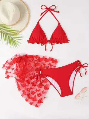 3-Piece Women’s Swimwear Set - Classic Solid Butterfly Applique, Playful Lettuce Trim & Tie-Halter Design - Perfect for Beach & Pool