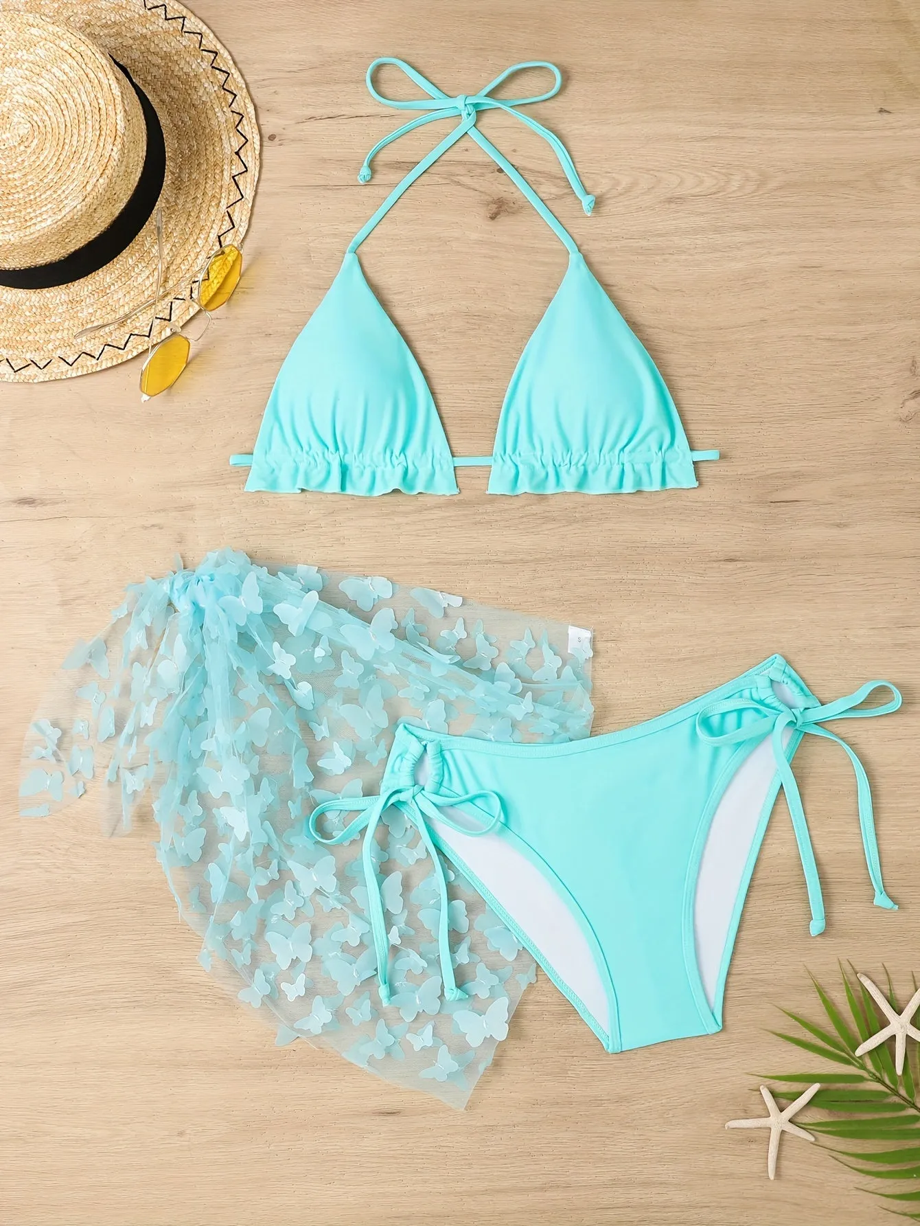 3-Piece Women’s Swimwear Set - Classic Solid Butterfly Applique, Playful Lettuce Trim & Tie-Halter Design - Perfect for Beach & Pool