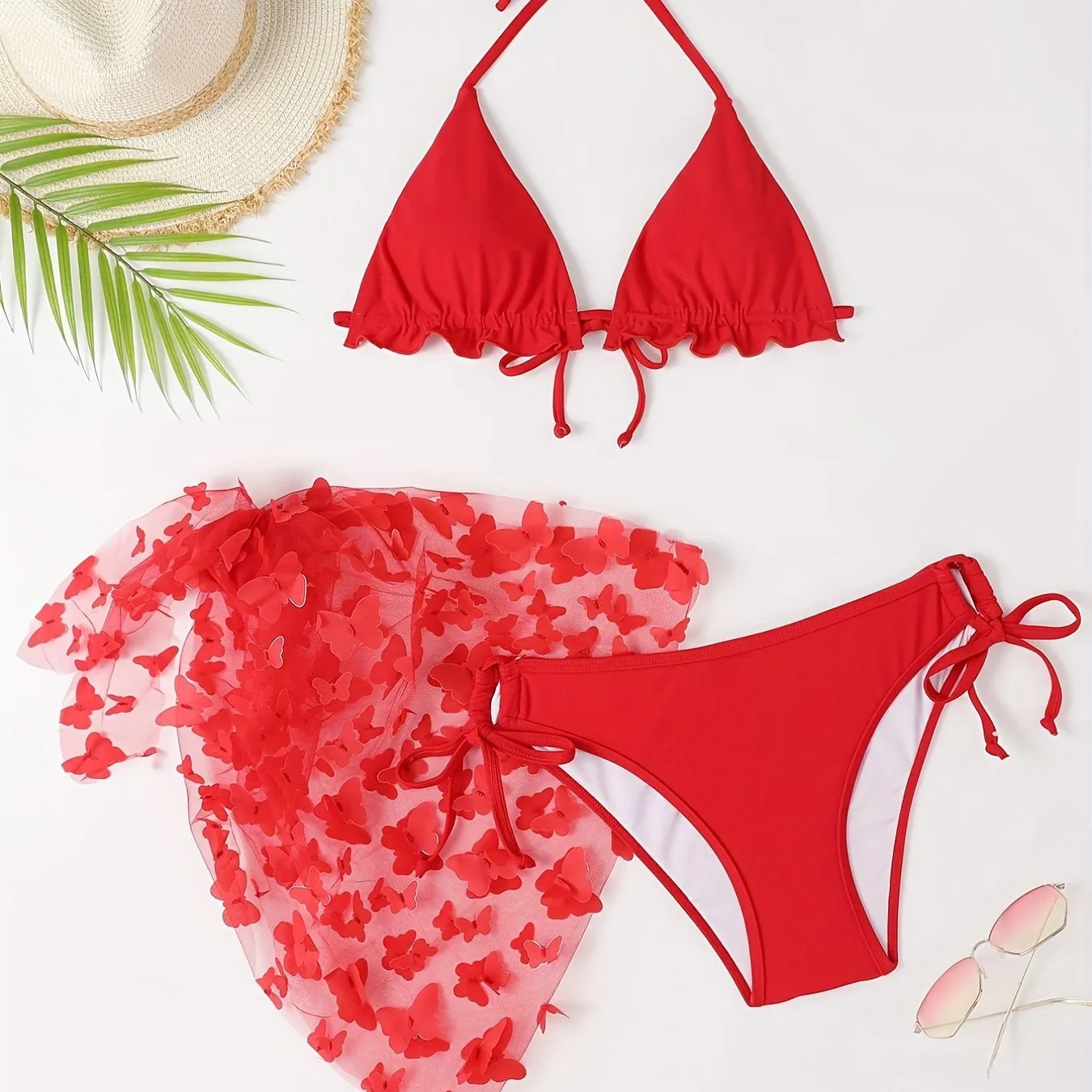 3-Piece Women’s Swimwear Set - Classic Solid Butterfly Applique, Playful Lettuce Trim & Tie-Halter Design - Perfect for Beach & Pool