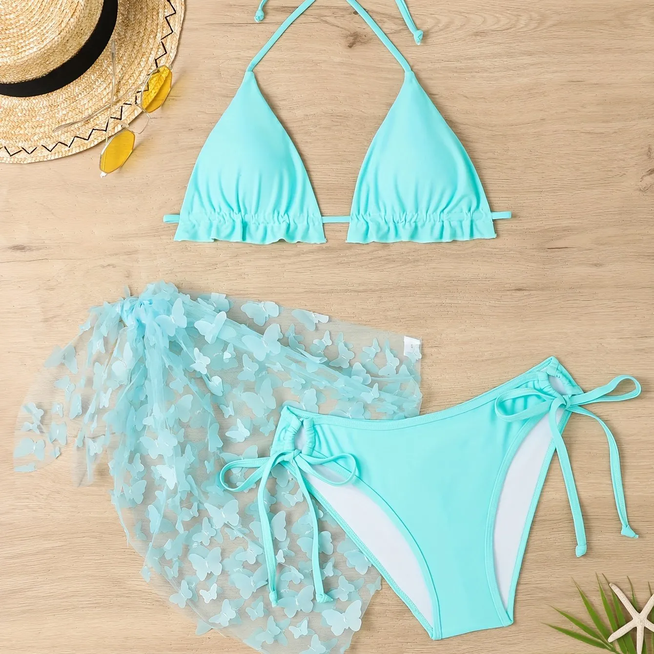 3-Piece Women’s Swimwear Set - Classic Solid Butterfly Applique, Playful Lettuce Trim & Tie-Halter Design - Perfect for Beach & Pool