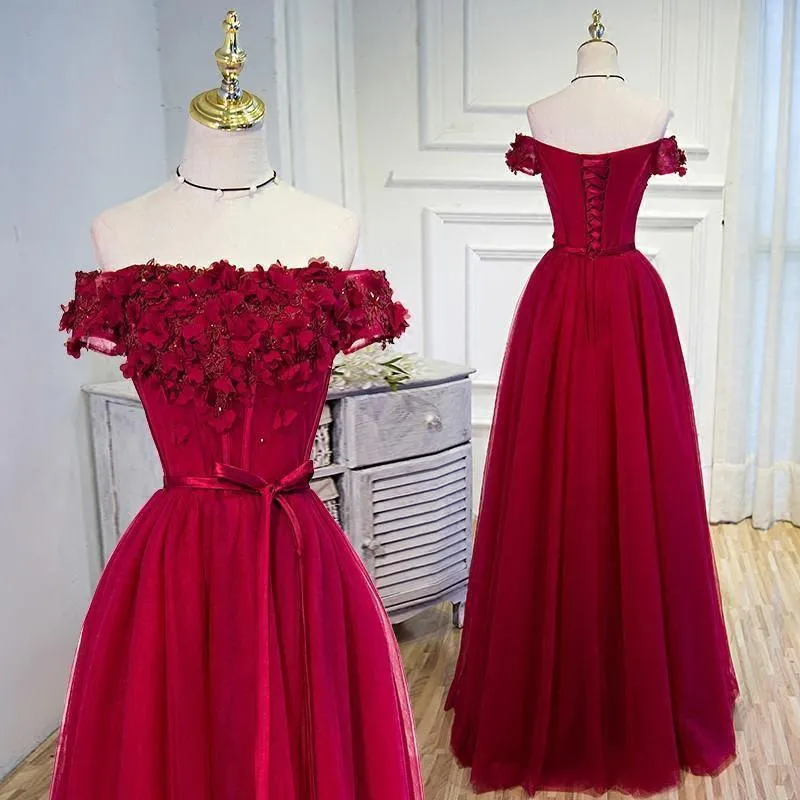 A-line Off The Shoulder Burgundy Hand-Made Flower Prom Dress   PSK004