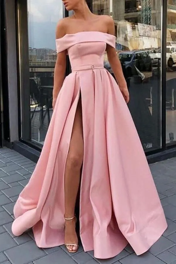 A Line Off the Shoulder Satin Pink High Split Prom Dresses Formal Dresses PSK057