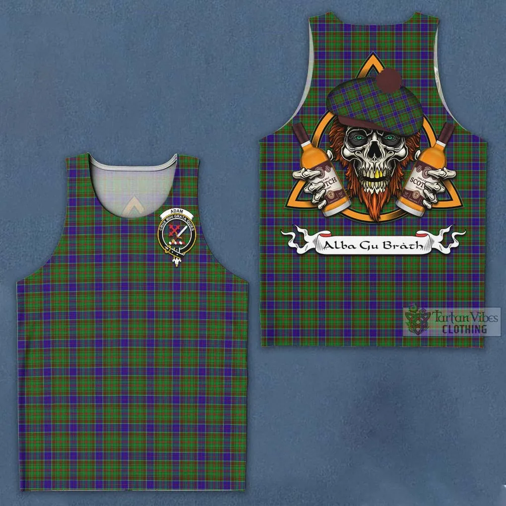 Adam Tartan Men's Tank Top with Family Crest and Bearded Skull Holding Bottles of Whiskey