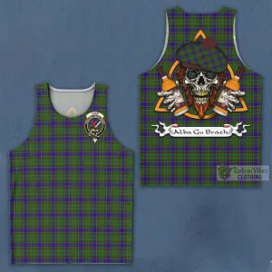 Adam Tartan Men's Tank Top with Family Crest and Bearded Skull Holding Bottles of Whiskey