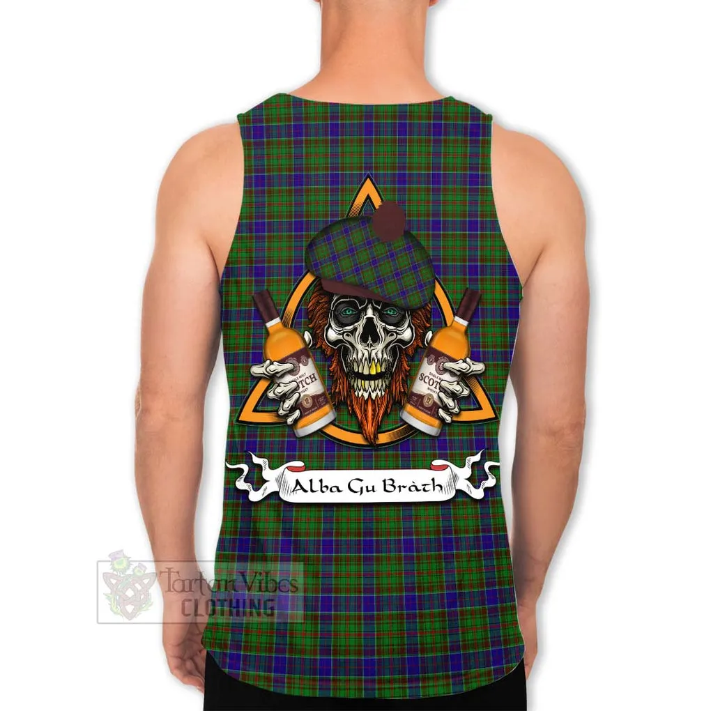 Adam Tartan Men's Tank Top with Family Crest and Bearded Skull Holding Bottles of Whiskey