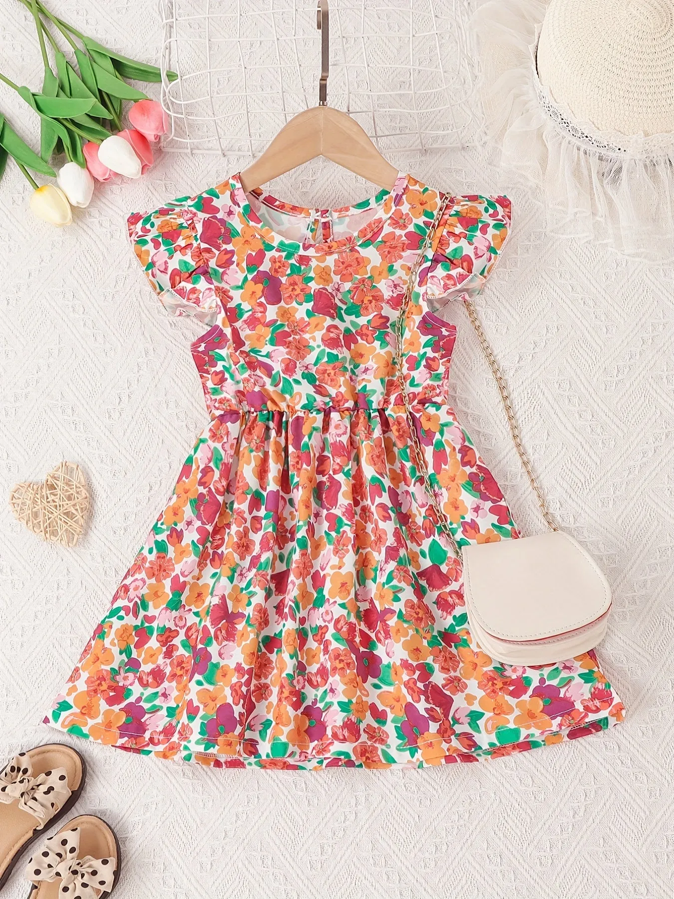 Adorable Floral Fitted Princess Dress for Little Girls - Ruffle Trim, Non-Stretch Polyester, Machine Washable, Perfect for Summer Party, Beach Vacation, and Casual Occasions