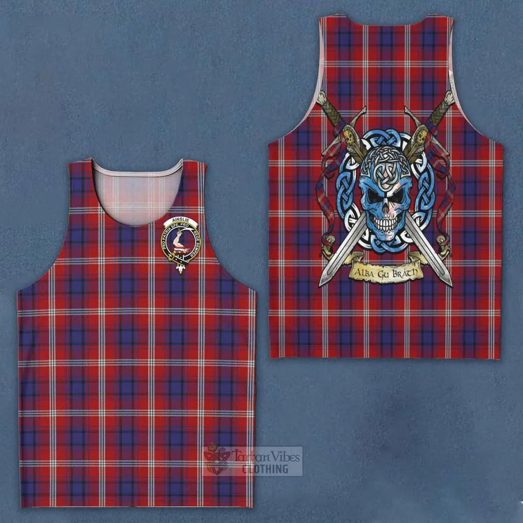 Ainslie Tartan Men's Tank Top with Family Crest Celtic Skull Style