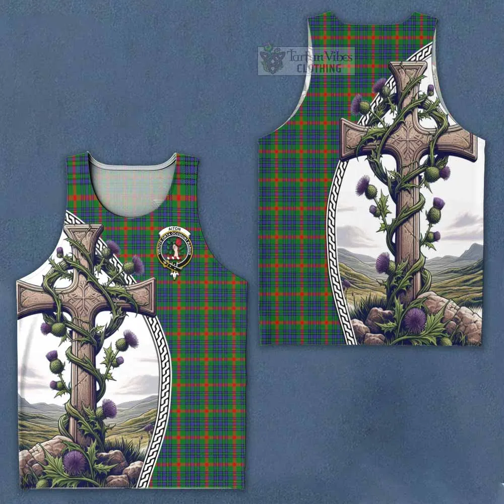 Aiton Tartan Men's Tank Top with Family Crest and St. Andrew's Cross Accented by Thistle Vines