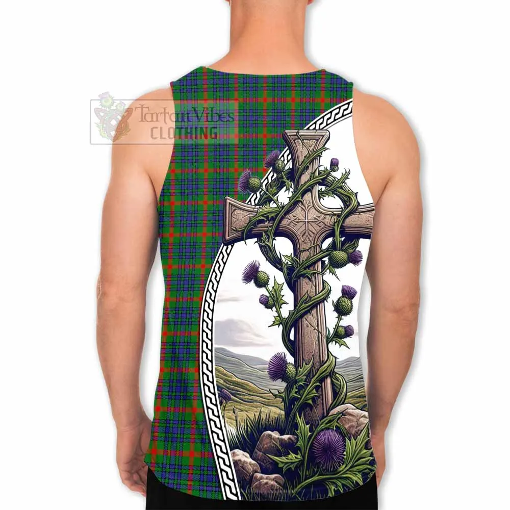 Aiton Tartan Men's Tank Top with Family Crest and St. Andrew's Cross Accented by Thistle Vines