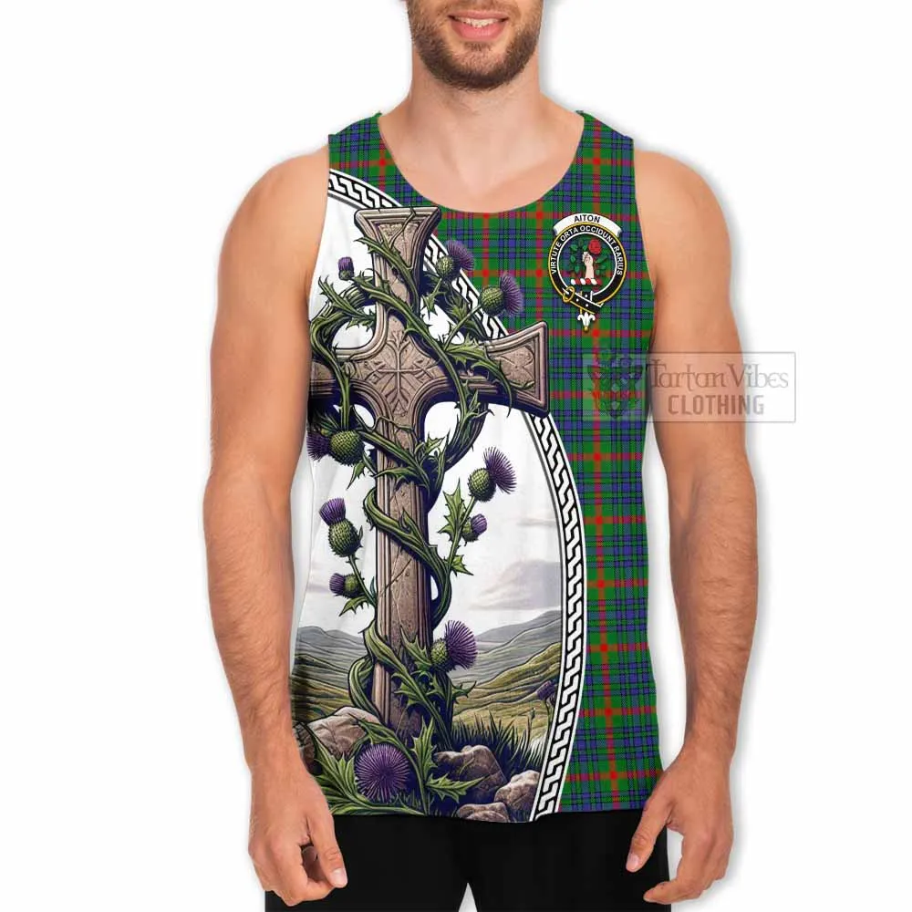 Aiton Tartan Men's Tank Top with Family Crest and St. Andrew's Cross Accented by Thistle Vines