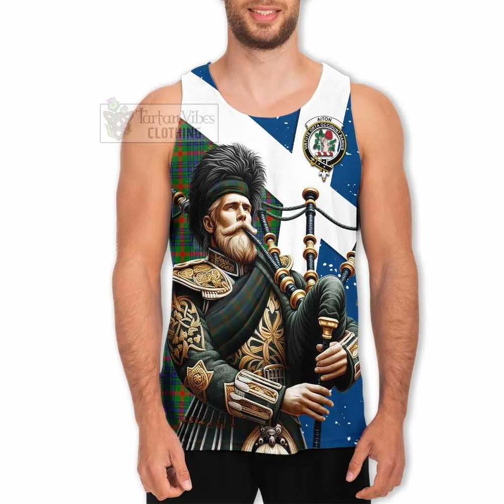 Aiton Tartan Men's Tank Top with Family Crest Scottish Bagpiper Vibes