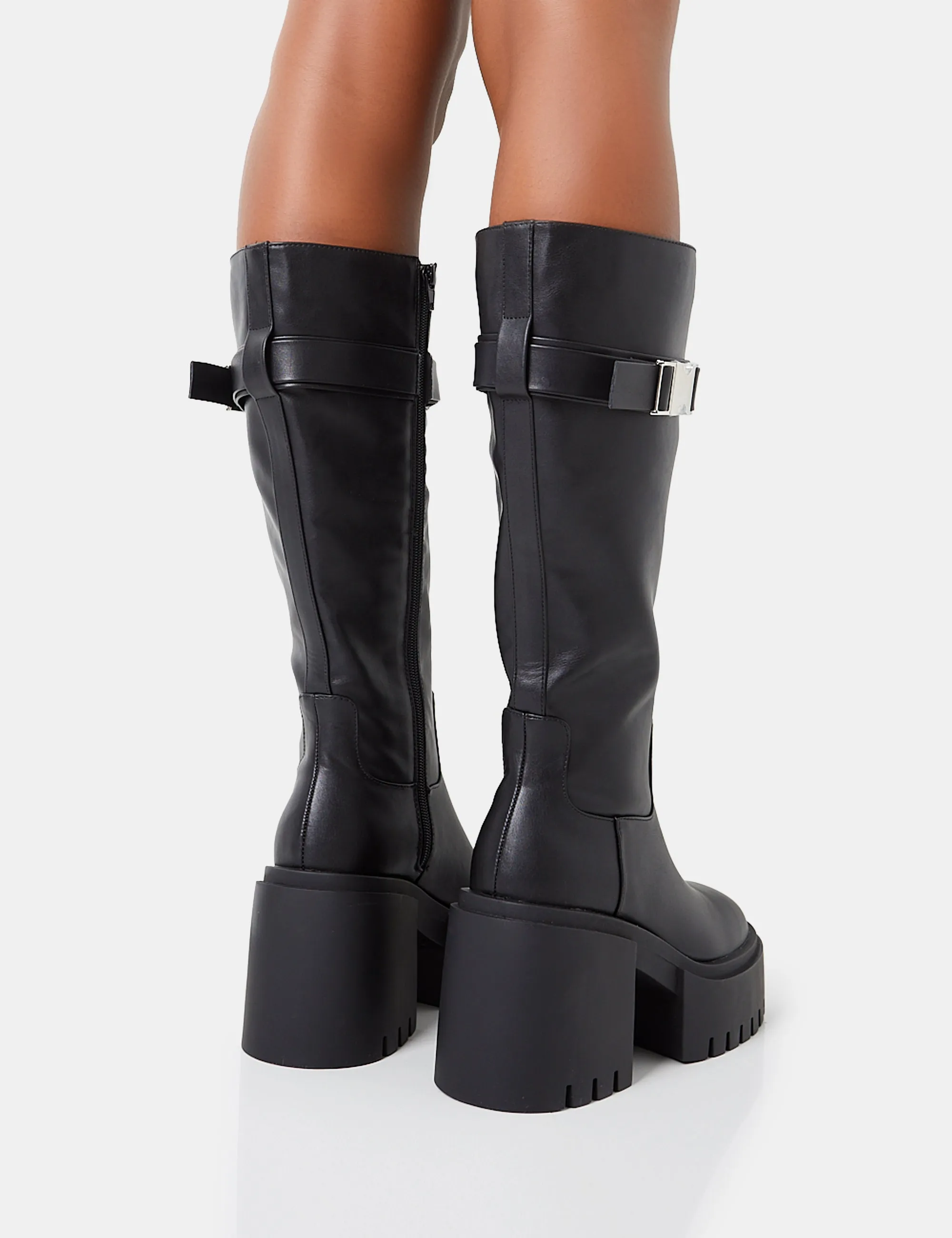 Alaska Black Calf Strap Buckle Knee High Chunky Sole Block Heel Boots