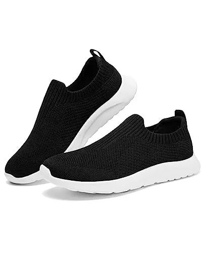 ALEADER Women's Slip On Comfort Walking Shoes, Lightweight Stretch Knit Sneakers Breathable Athletic Tennis Black 6.5 M US