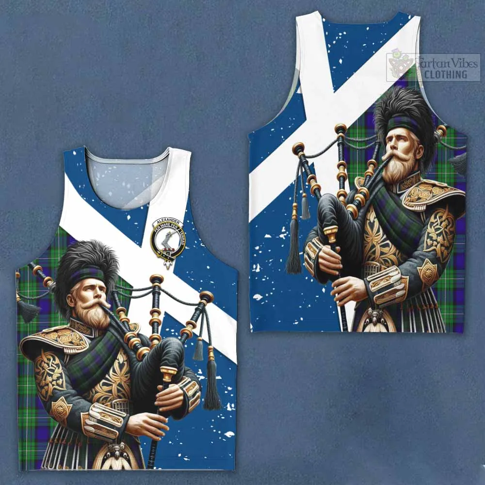 Alexander Tartan Men's Tank Top with Family Crest Scottish Bagpiper Vibes