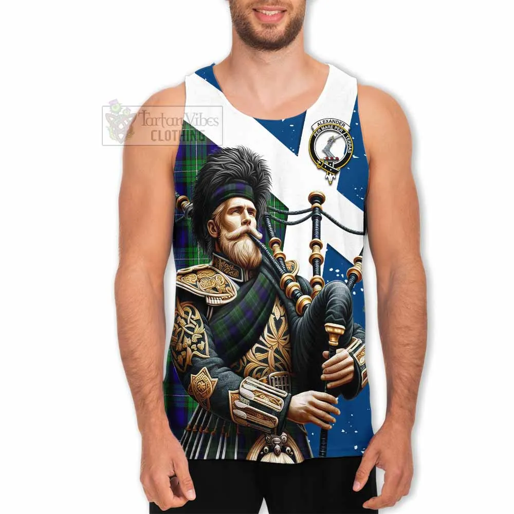 Alexander Tartan Men's Tank Top with Family Crest Scottish Bagpiper Vibes