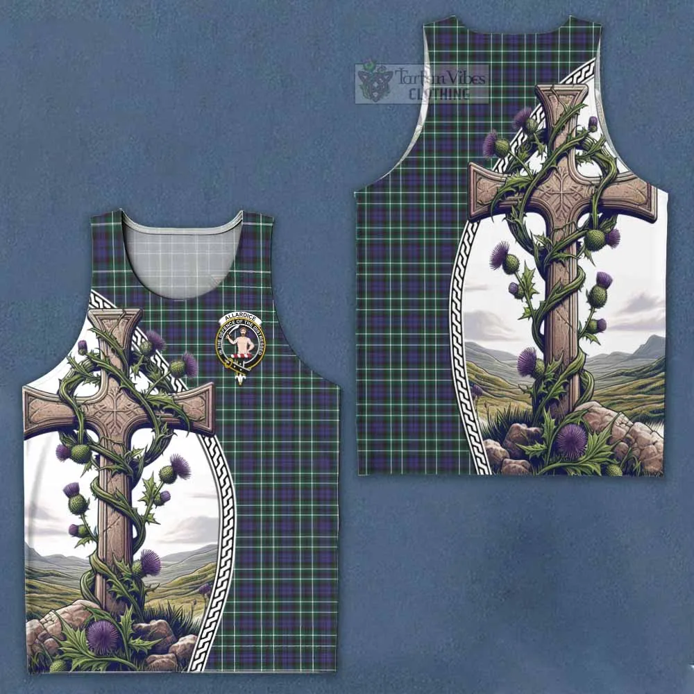 Allardice Tartan Men's Tank Top with Family Crest and St. Andrew's Cross Accented by Thistle Vines