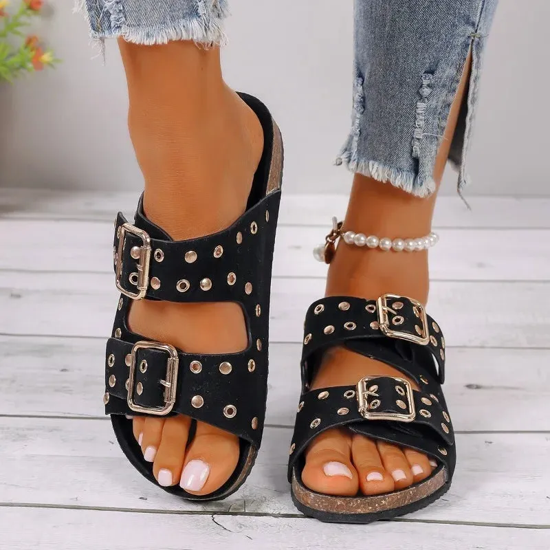 Amozae-2024 Hot Sale Shoes Female Open Toe Women's Slippers Summer Rivet Buckle Solid Flat Casual Beach Large Size Comfortable Slippers