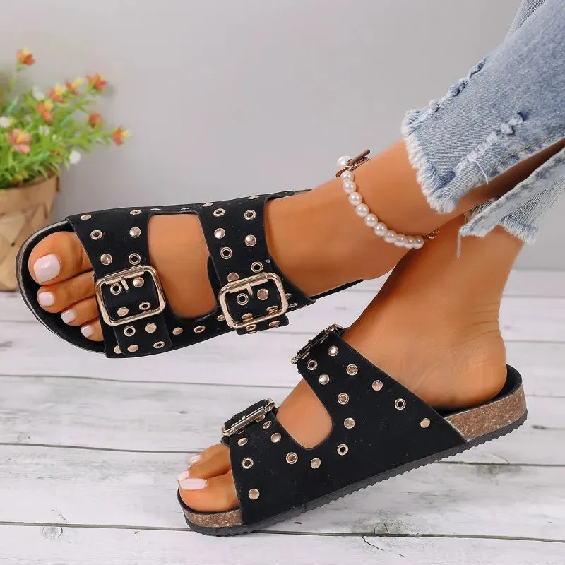 Amozae-2024 Hot Sale Shoes Female Open Toe Women's Slippers Summer Rivet Buckle Solid Flat Casual Beach Large Size Comfortable Slippers