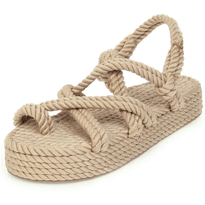 Amozae-  Hot Summer Women Flat Sandals Casual Rope Female Wedge Beach Shoes Woman Comfortable Platform Sandals For Girls Black Beige