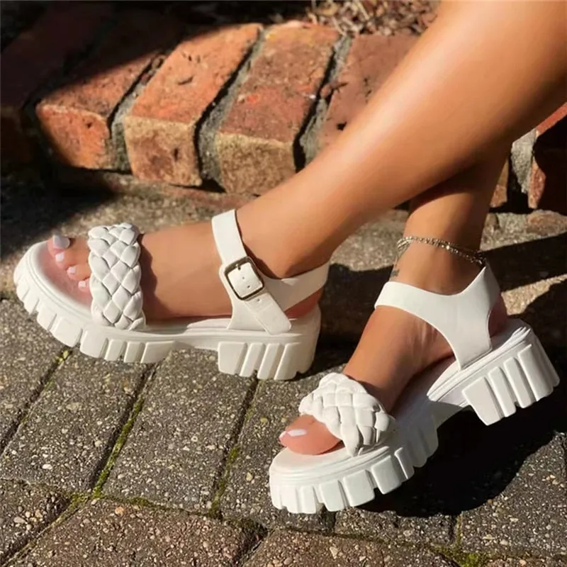 Amozae Women Fashion Weave Platform Sandals Summer Thick Soled Non-slip Beach Shoes Woman Buckle Strap Thick Heel Sandalias Mujer