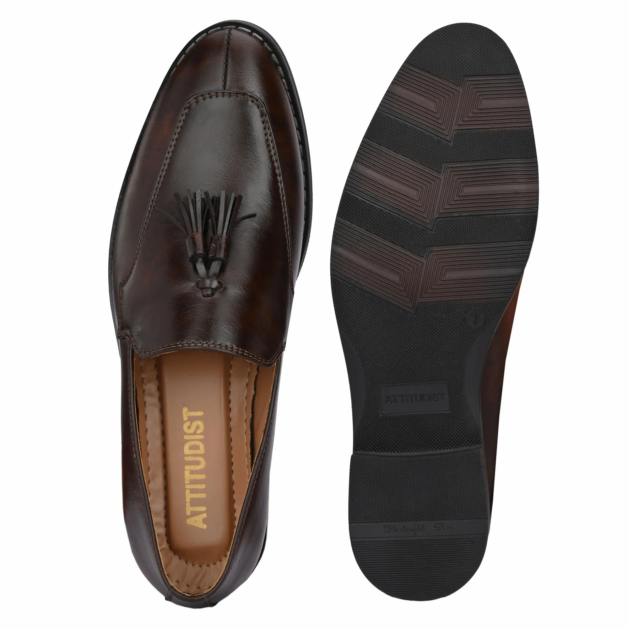 Attitudist Unisex Handcrafted Brown Plain Tassel Loafer With Double Stitched Vamp