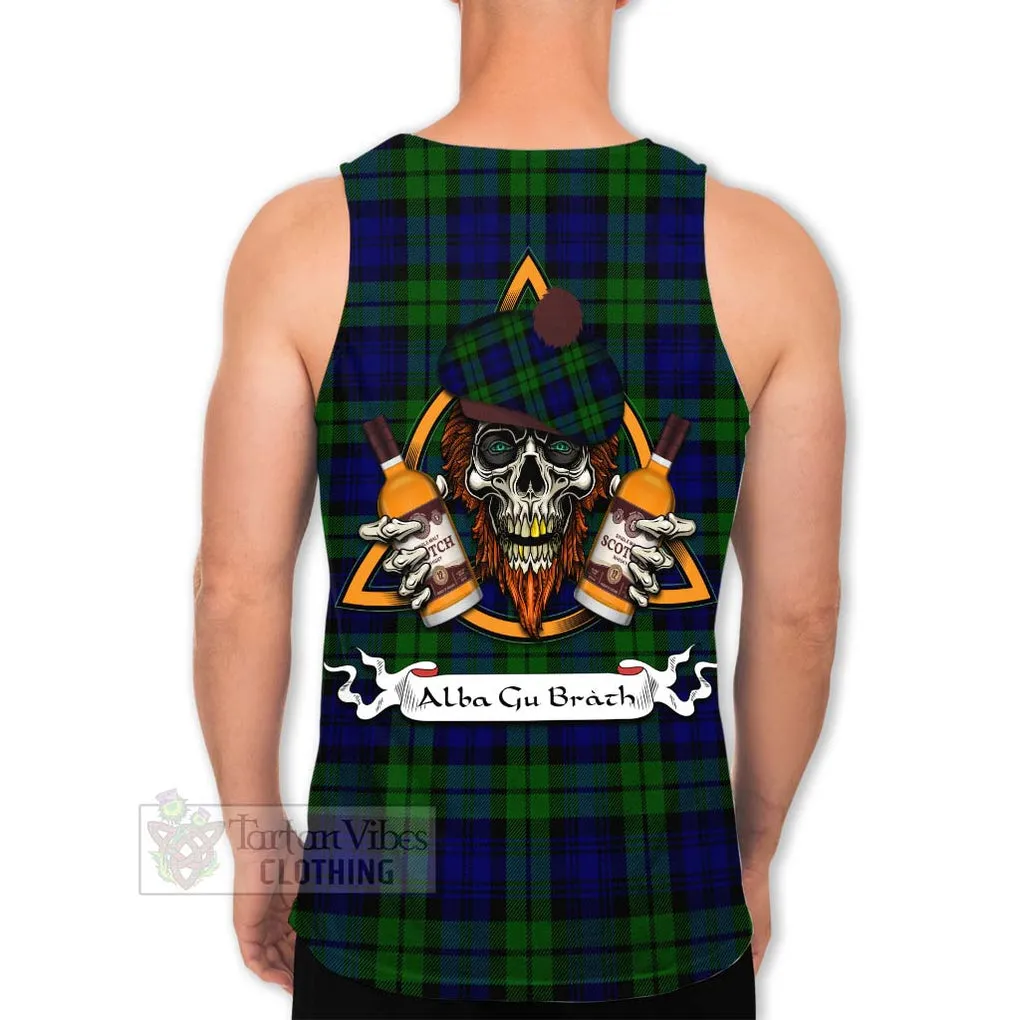 Bannatyne Tartan Men's Tank Top with Family Crest and Bearded Skull Holding Bottles of Whiskey