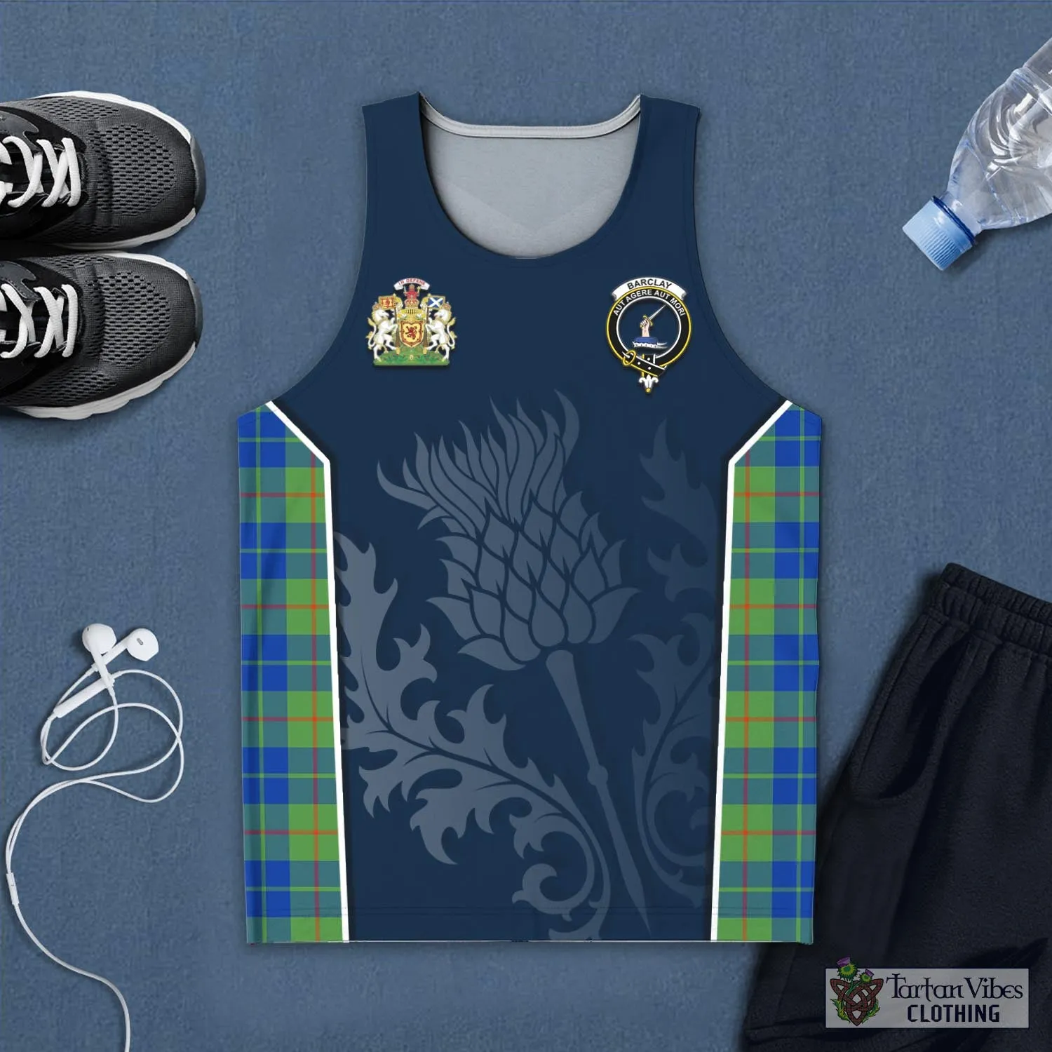 Barclay Hunting Ancient Tartan Men's Tanks Top with Family Crest and Scottish Thistle Vibes Sport Style