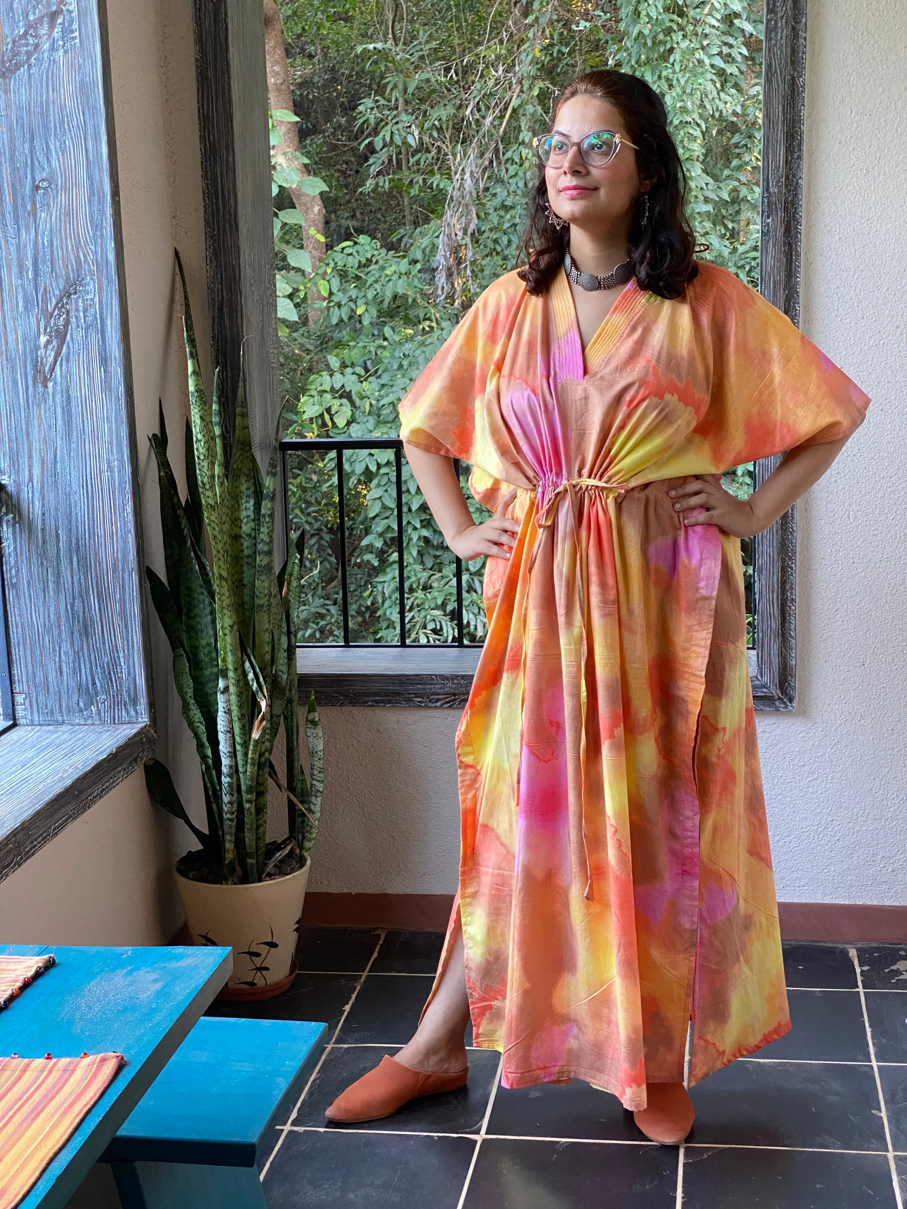 Batik Watercolor V-Neck, Cinched Waist Ankle Length Caftan