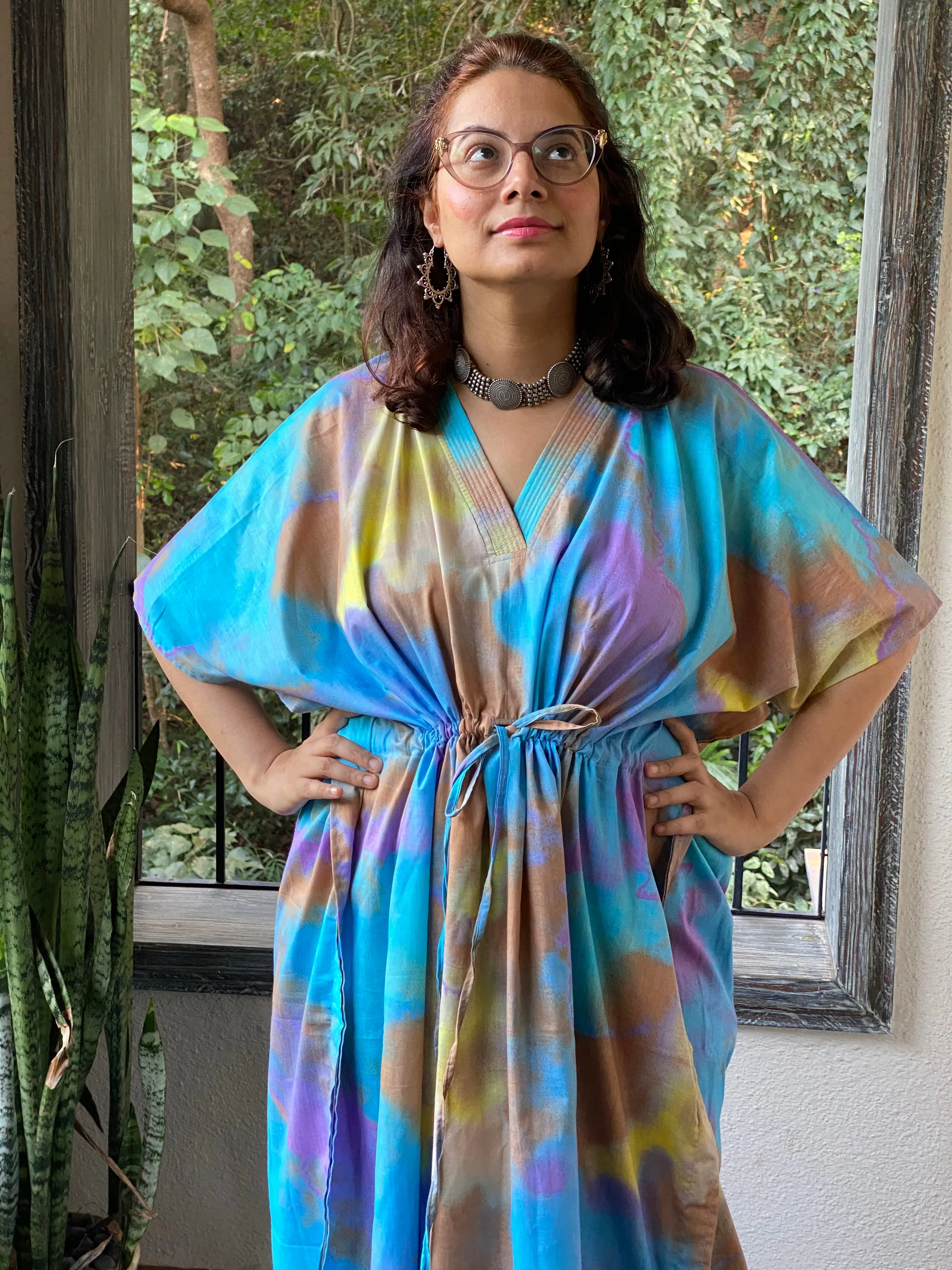 Batik Watercolor V-Neck, Cinched Waist Ankle Length Caftan