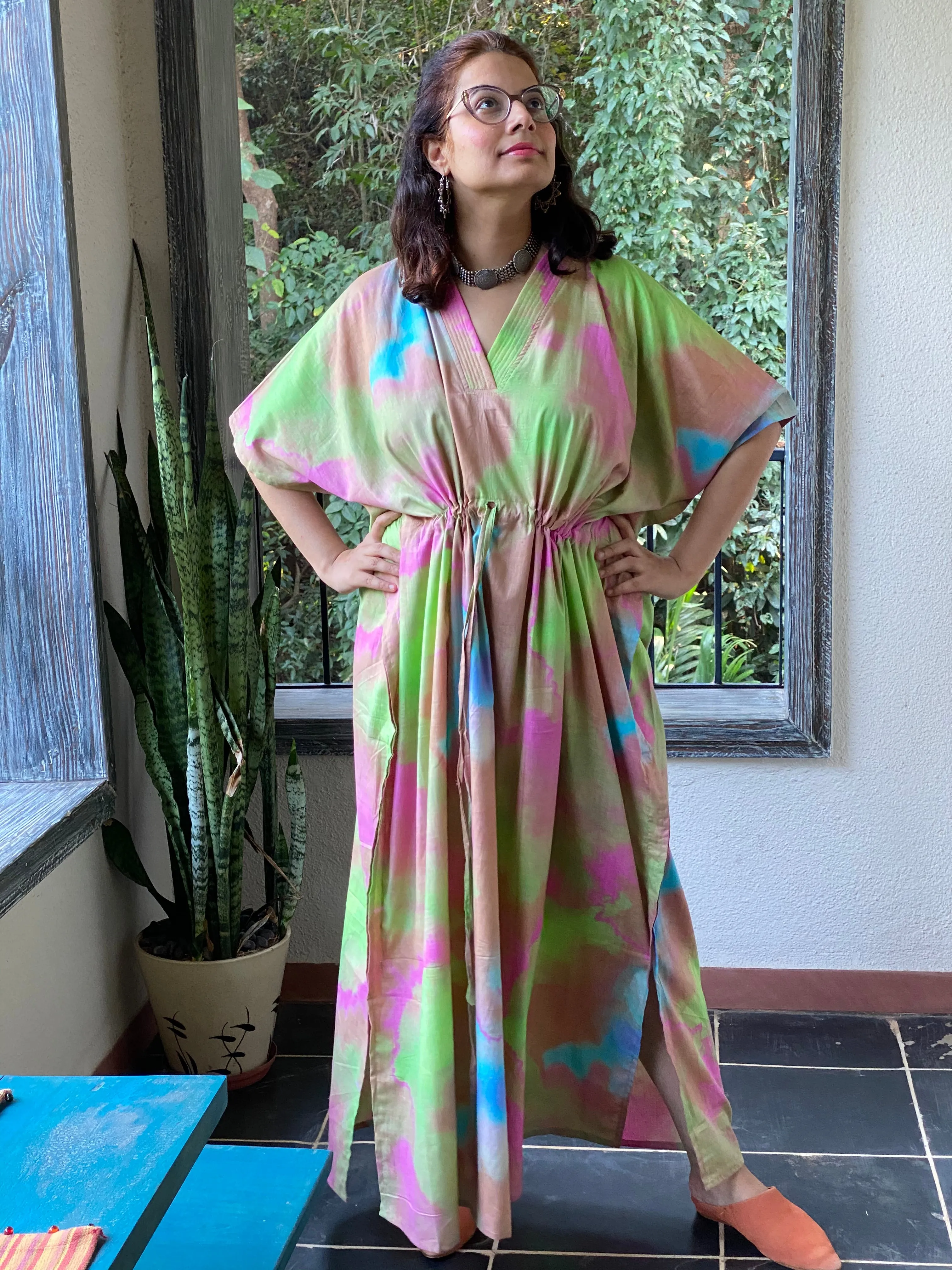 Batik Watercolor V-Neck, Cinched Waist Ankle Length Caftan