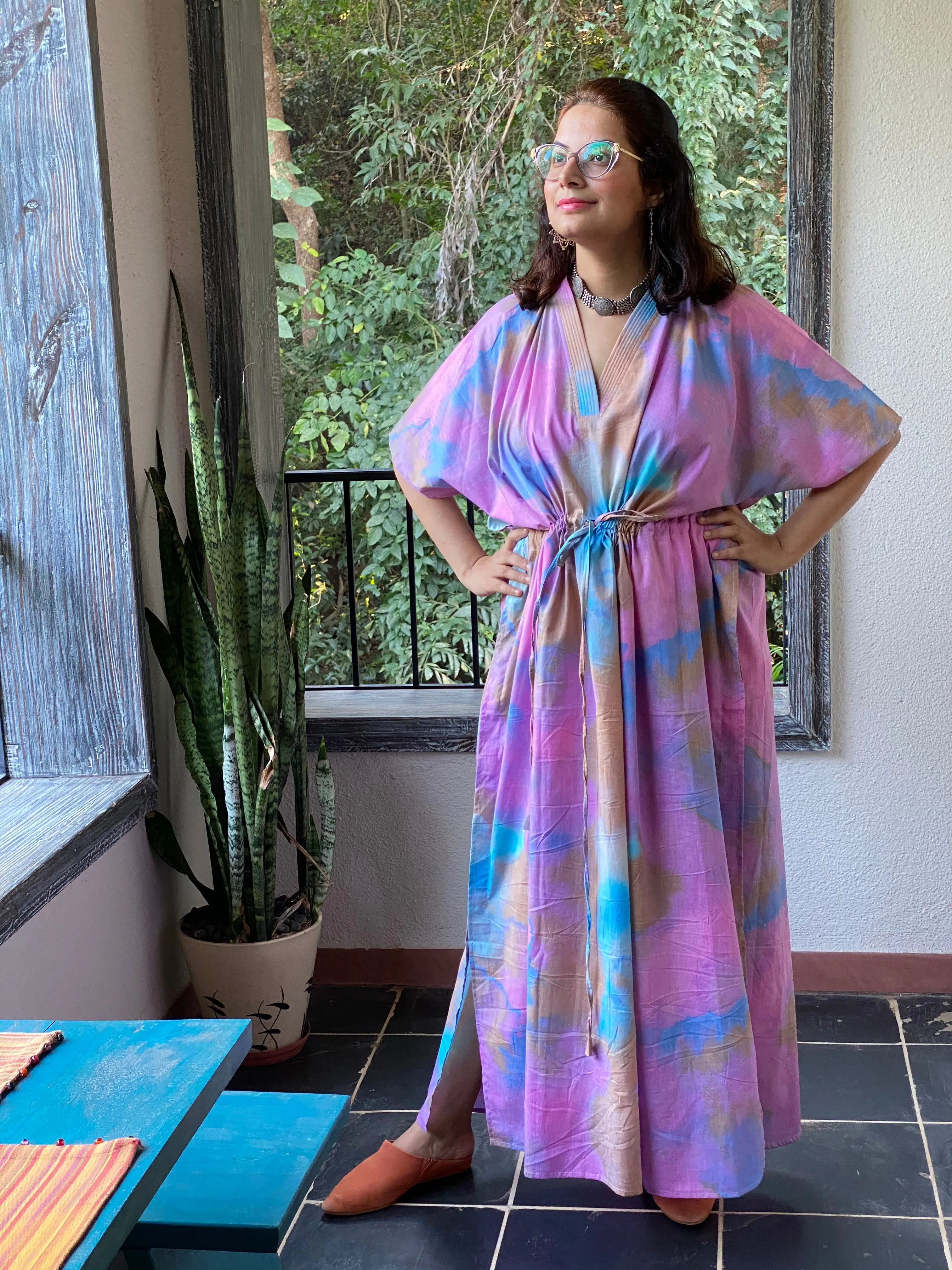 Batik Watercolor V-Neck, Cinched Waist Ankle Length Caftan