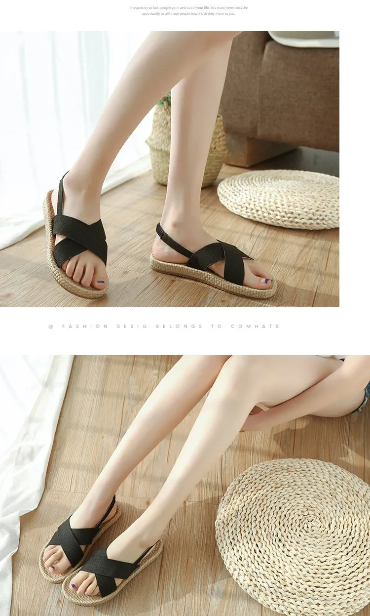 Beach Open Toe Linen Flat Sandals