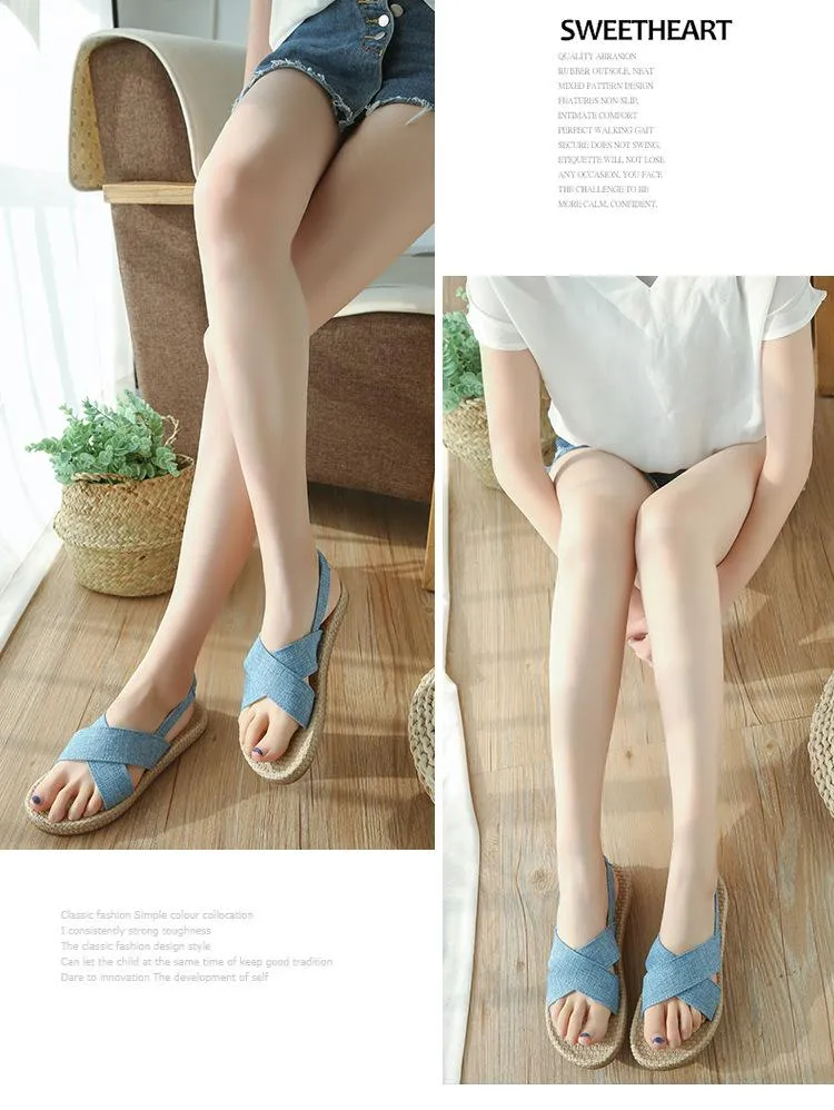 Beach Open Toe Linen Flat Sandals