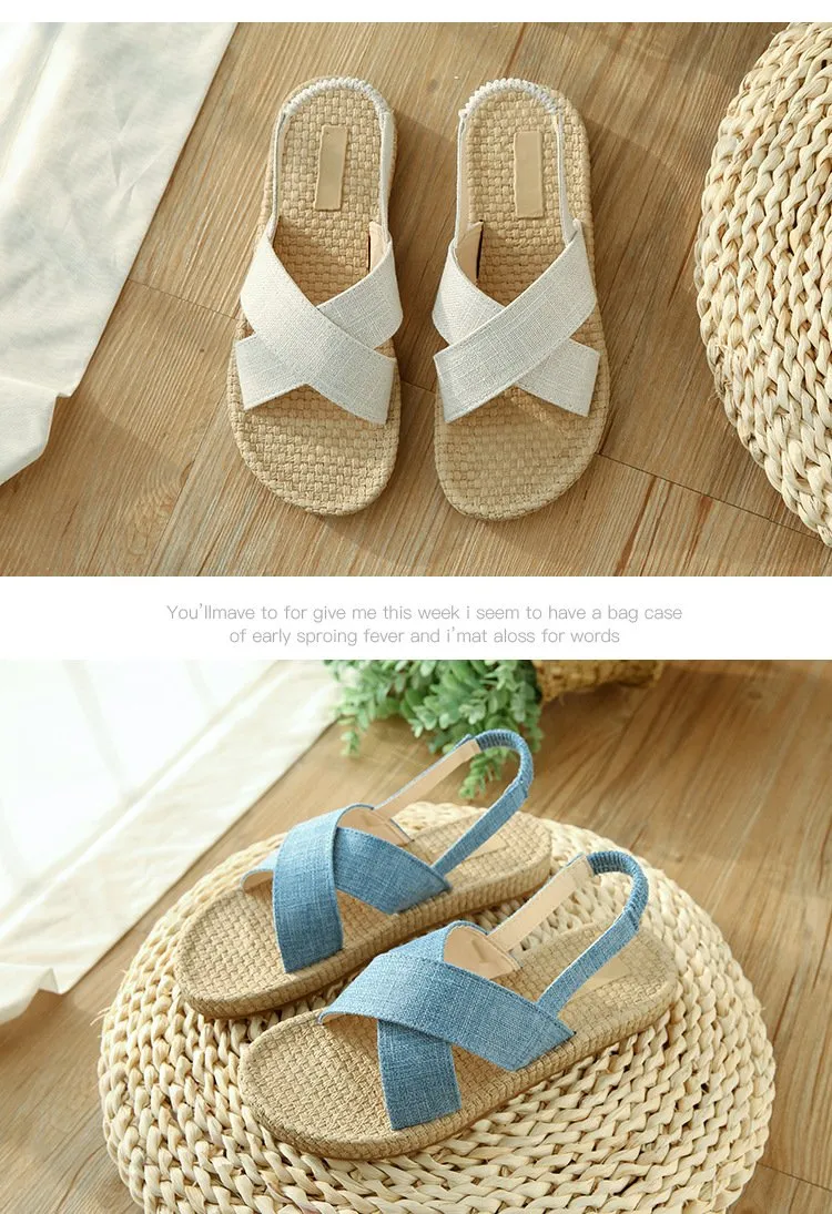 Beach Open Toe Linen Flat Sandals