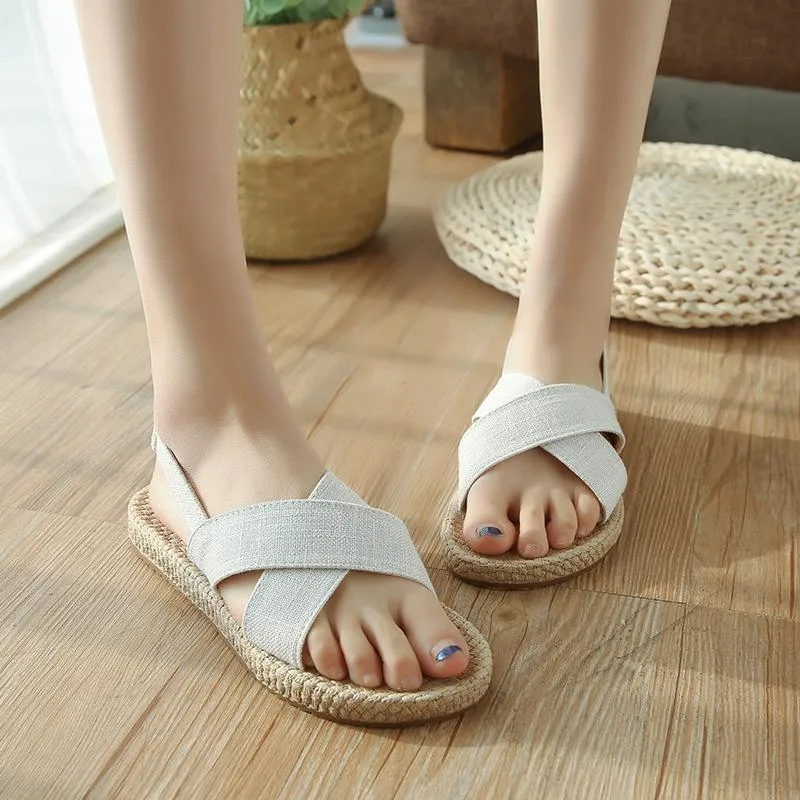 Beach Open Toe Linen Flat Sandals