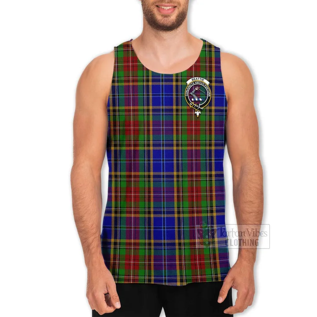 Beattie (Beatty) Tartan Men's Tank Top with Family Crest and Bearded Skull Holding Bottles of Whiskey