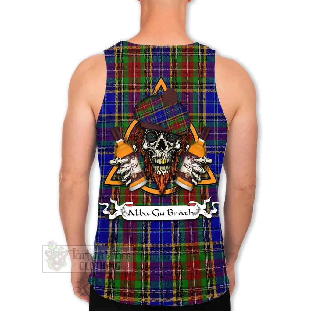 Beattie (Beatty) Tartan Men's Tank Top with Family Crest and Bearded Skull Holding Bottles of Whiskey