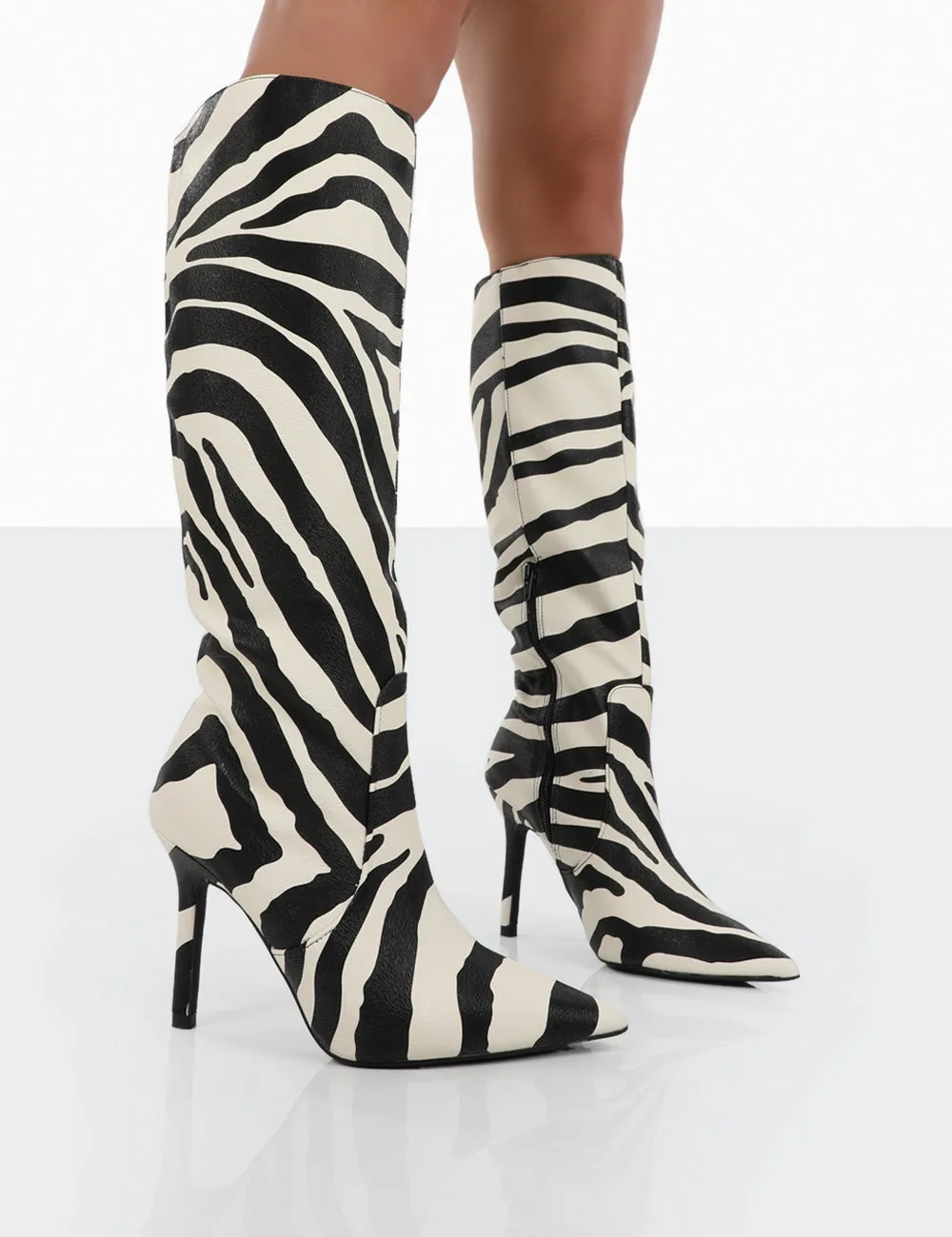 Best Believe Zebra PU Pointed Toe Heeled Knee High Boots