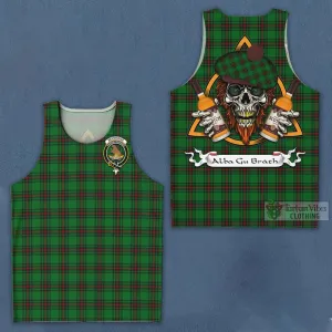 Beveridge Tartan Men's Tank Top with Family Crest and Bearded Skull Holding Bottles of Whiskey