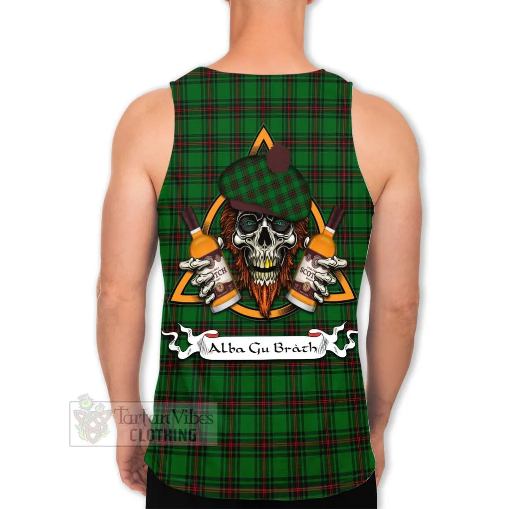 Beveridge Tartan Men's Tank Top with Family Crest and Bearded Skull Holding Bottles of Whiskey