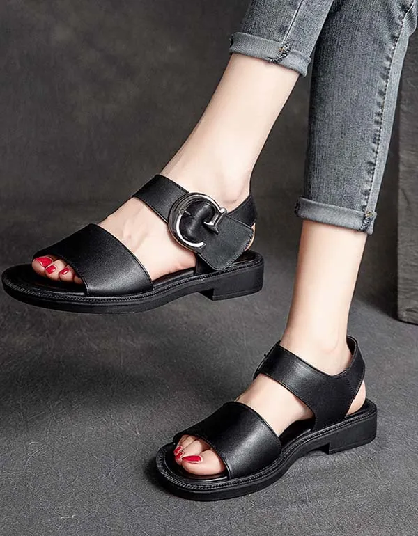 Big Buckle Retro Leather Wide Toe Box Sandals