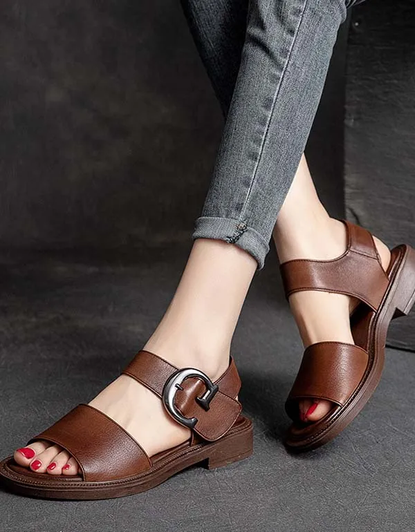 Big Buckle Retro Leather Wide Toe Box Sandals