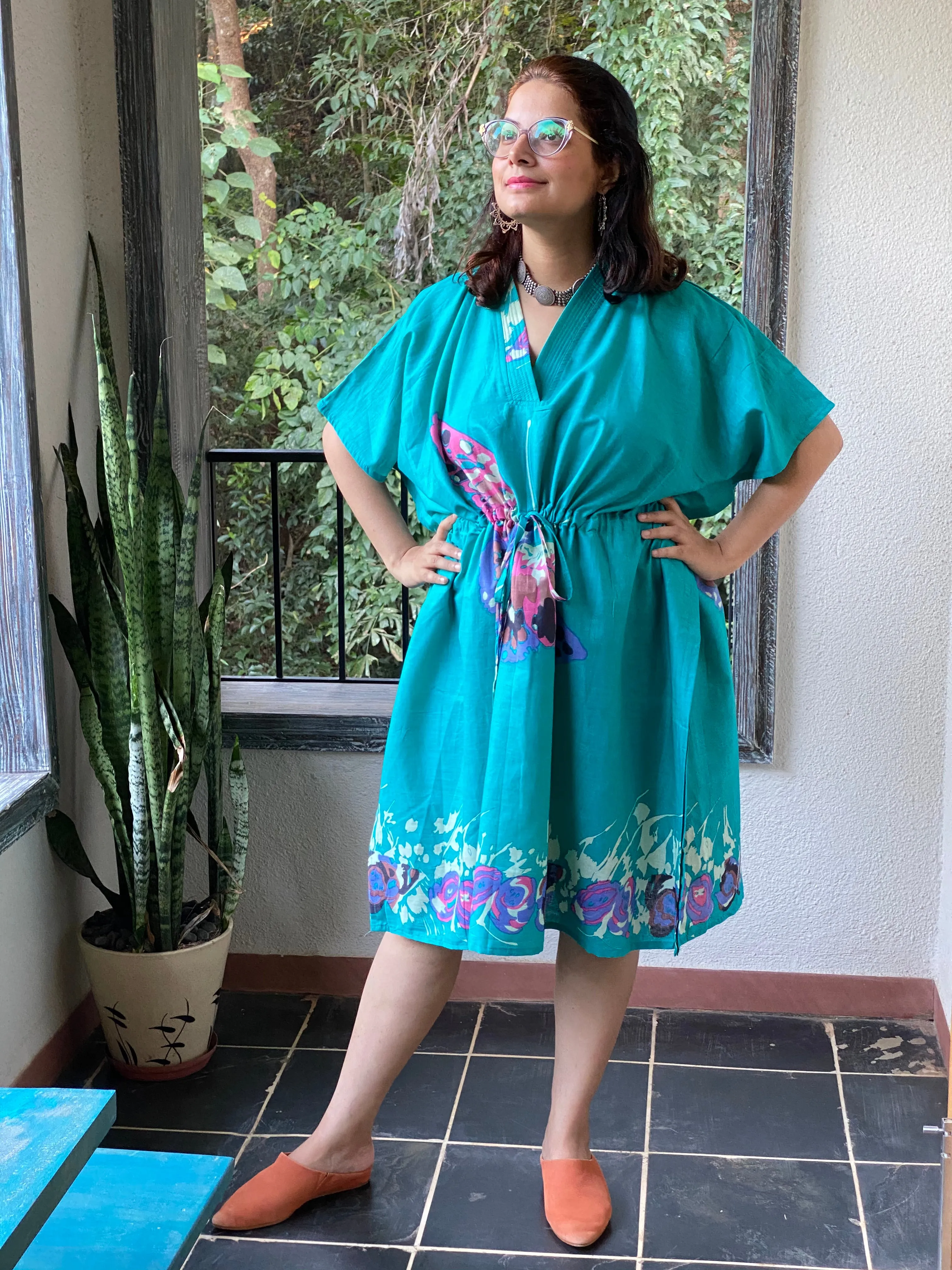 Big Butterfly V-Neck, Knee Length, Cinched Waist Kaftan