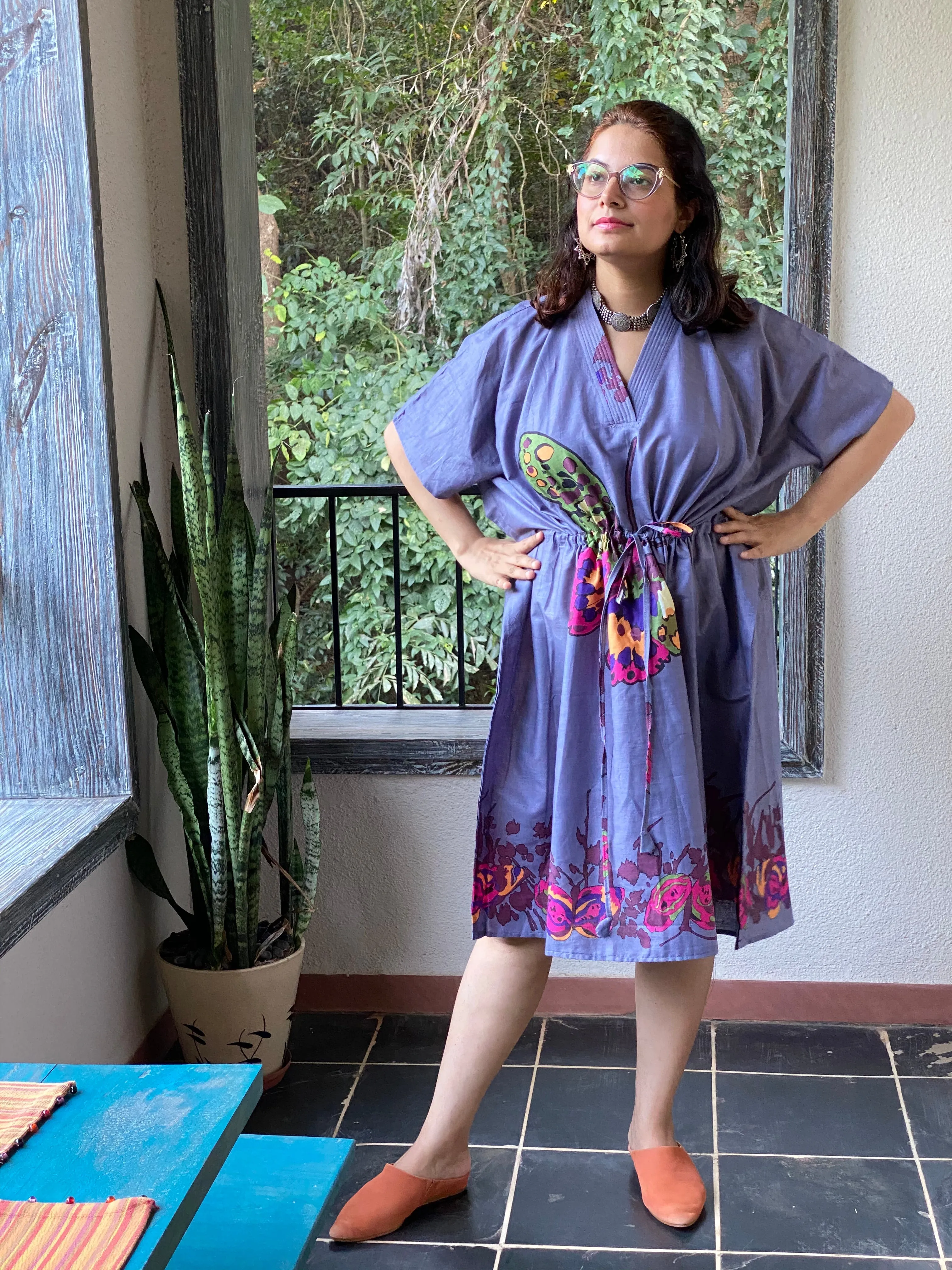 Big Butterfly V-Neck, Knee Length, Cinched Waist Kaftan